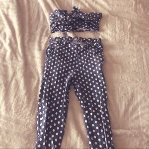 Blue and white polka dot pants and bandeau set